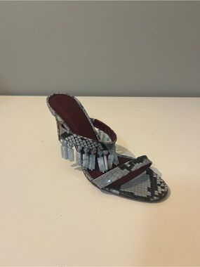 STAUD Gray Snakeskin-Print Beaded Fringe Heeled Sandal